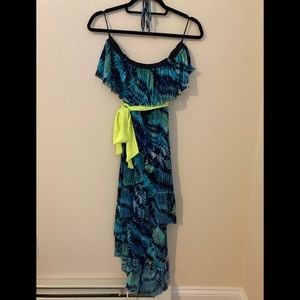 Blue print strapless dress with extra straps